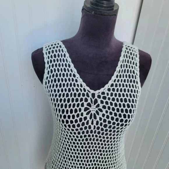 White Cotton Blend Crochet Fishnet Fringe Sleeveless Sweater Top Sweater Sz S/M - Picture 8 of 10